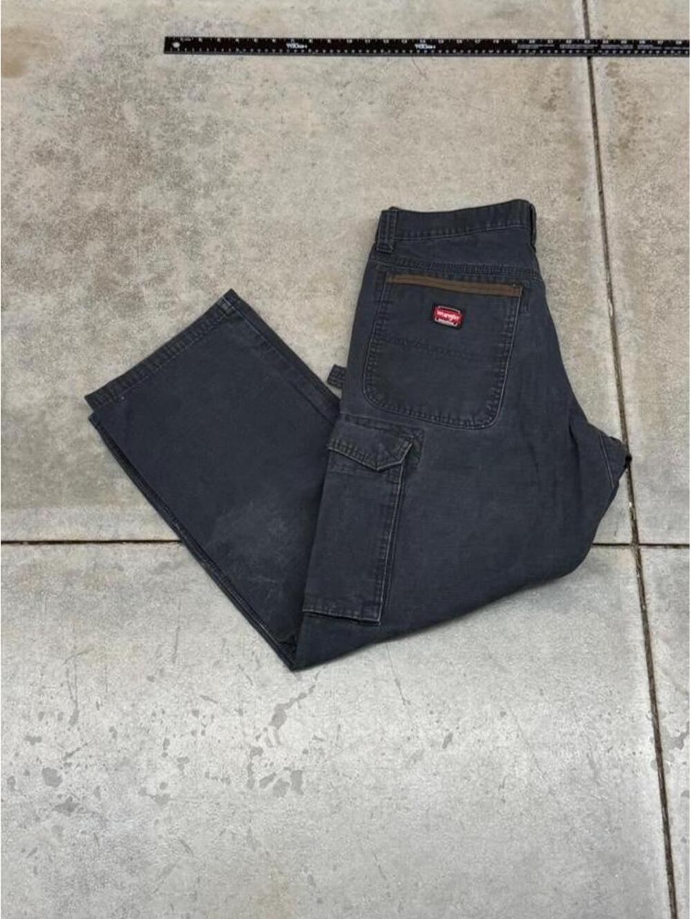 intage wrangler riggs faded black double knee dungaree cargo pants size 32 x 30